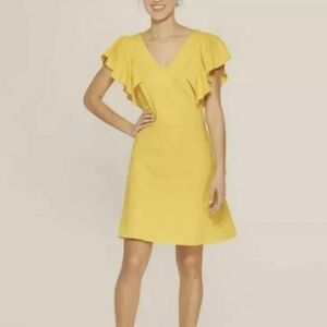 A New Day Linen Blend Yellow “Sun Power”Elegant Yellow Ruffle Sleeve Mini  Dress